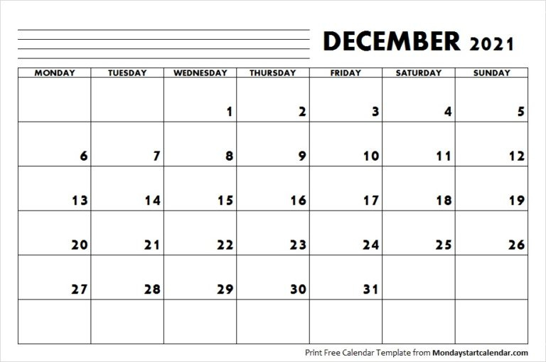 December 2021 Calendar Monday Start | December Month Template December 2021 Calendar Starting Monday