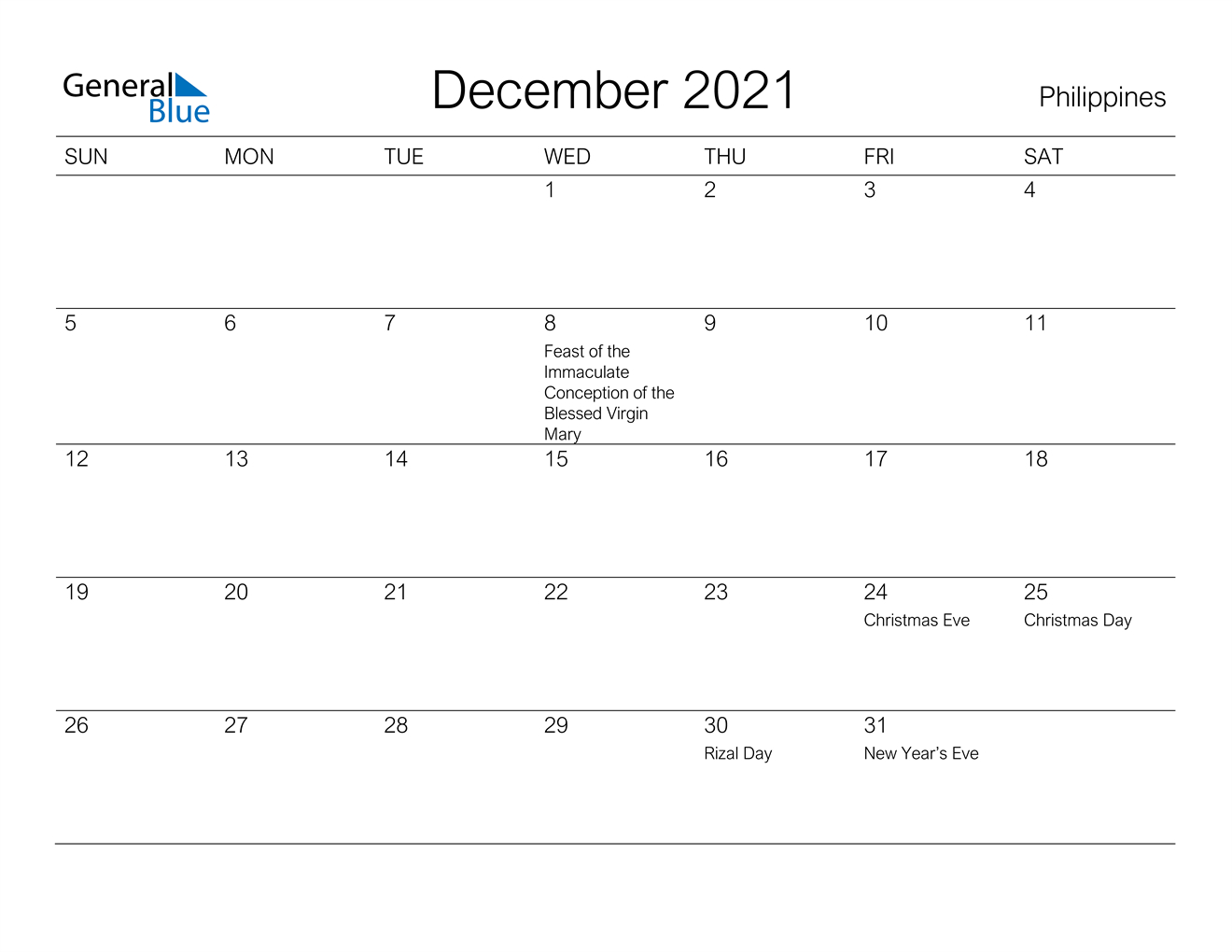 December 2021 Calendar - Philippines November 2021 Calendar Philippines