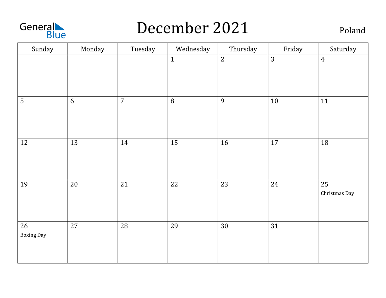 December 2021 Calendar - Poland December 2020 To Jan 2021 Calendar