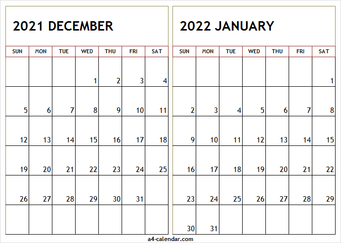 December 2021 January 2022 Calendar - A4 Calendar December Jan 2021 Calendar
