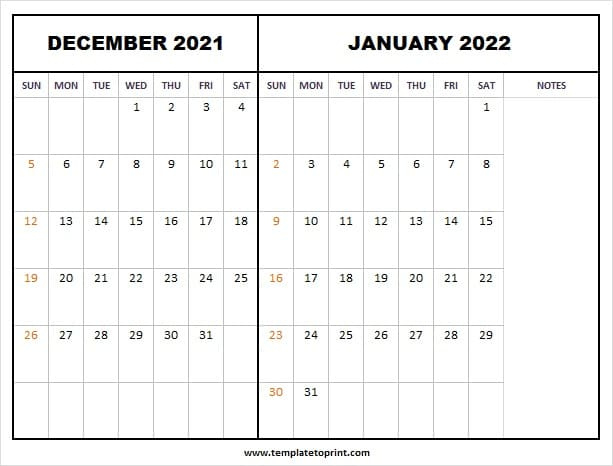 December 2021 January 2022 Calendar A4 | Free Printable 2021 Calendar From January To December