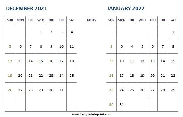 December 2021 January 2022 Calendar Cute | Calendar 2021 Blank Calendar December 2021 And January 2022