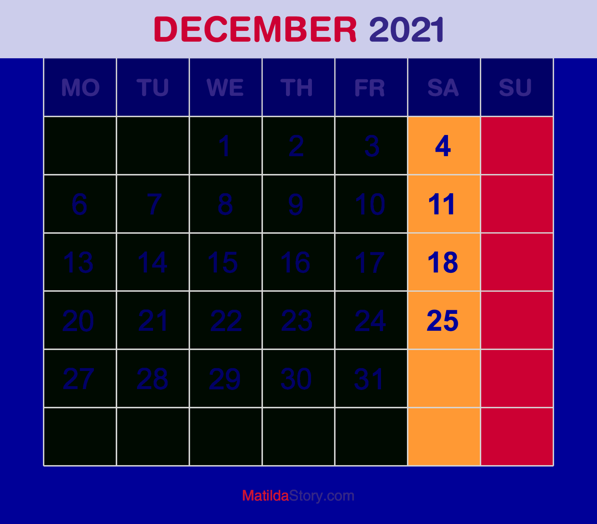 December 2021 Monthly Calendar, Monthly Planner, Printable December 2021 Calendar Starting Monday
