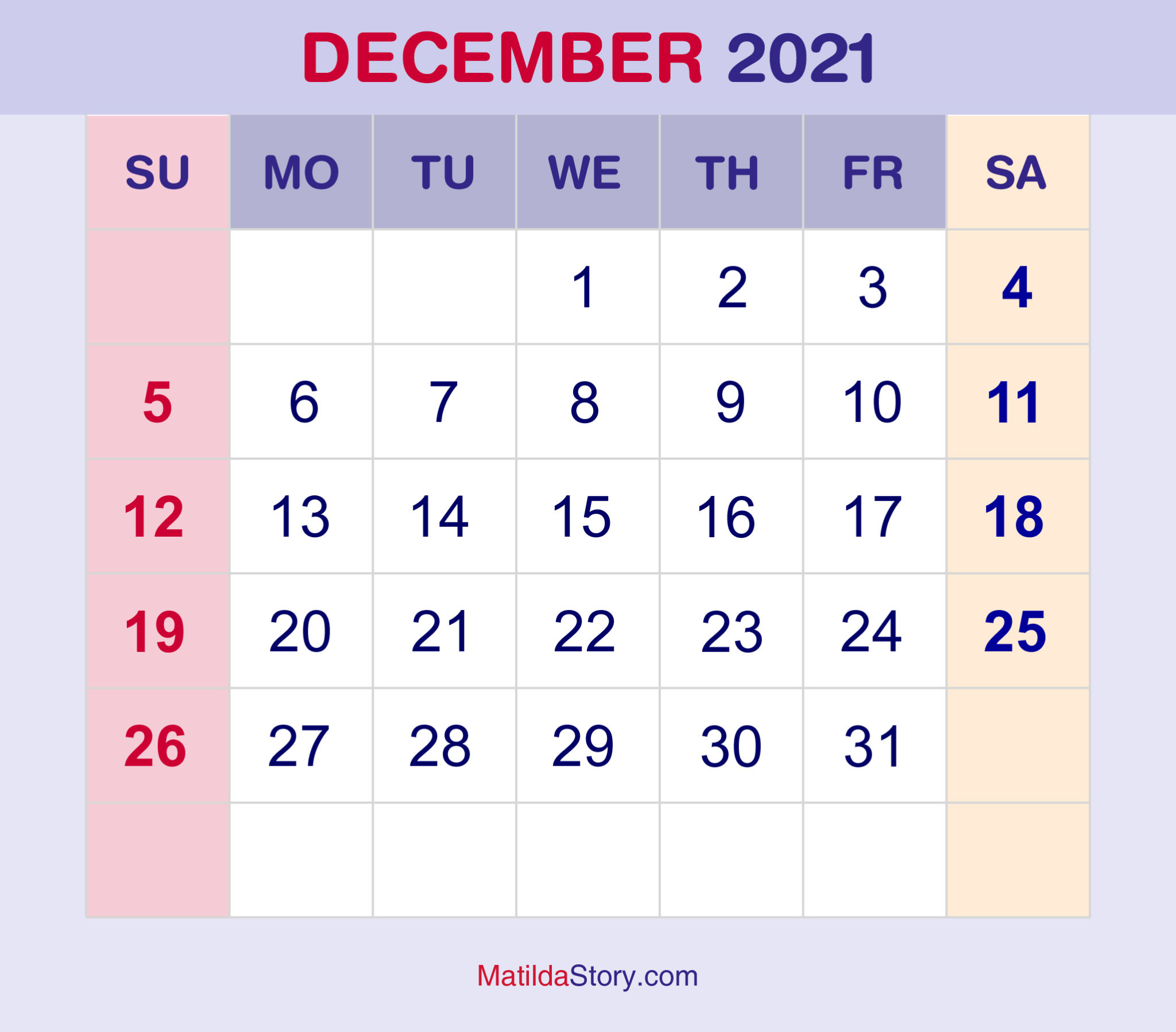 December 2021 Monthly Calendar, Monthly Planner, Printable Free December 2021 Calendar
