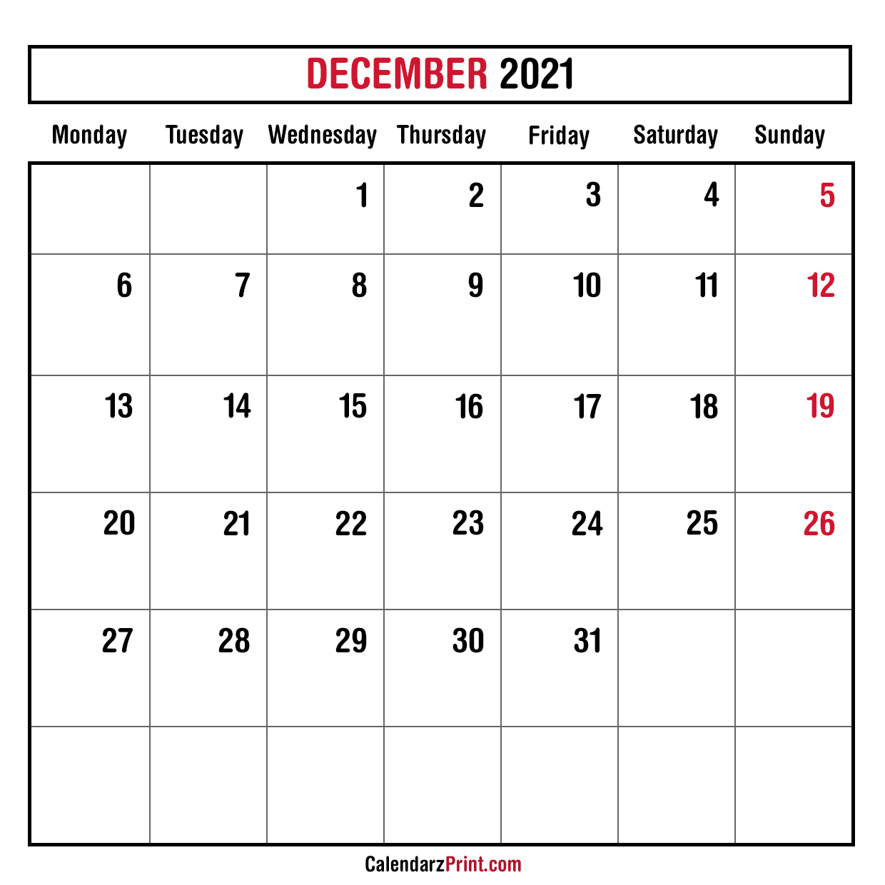December 2021 Monthly Planner Calendar, Printable Free December 2021 Monthly Calendar
