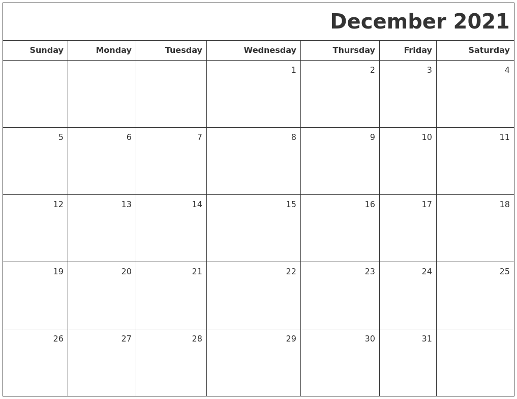 December 2021 Printable Blank Calendar Blank December 2021 Calendar