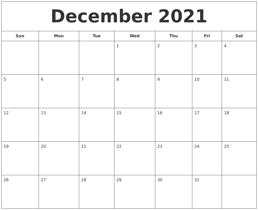 December 2021 Printable Calendar December 2020 To December 2021 Calendar
