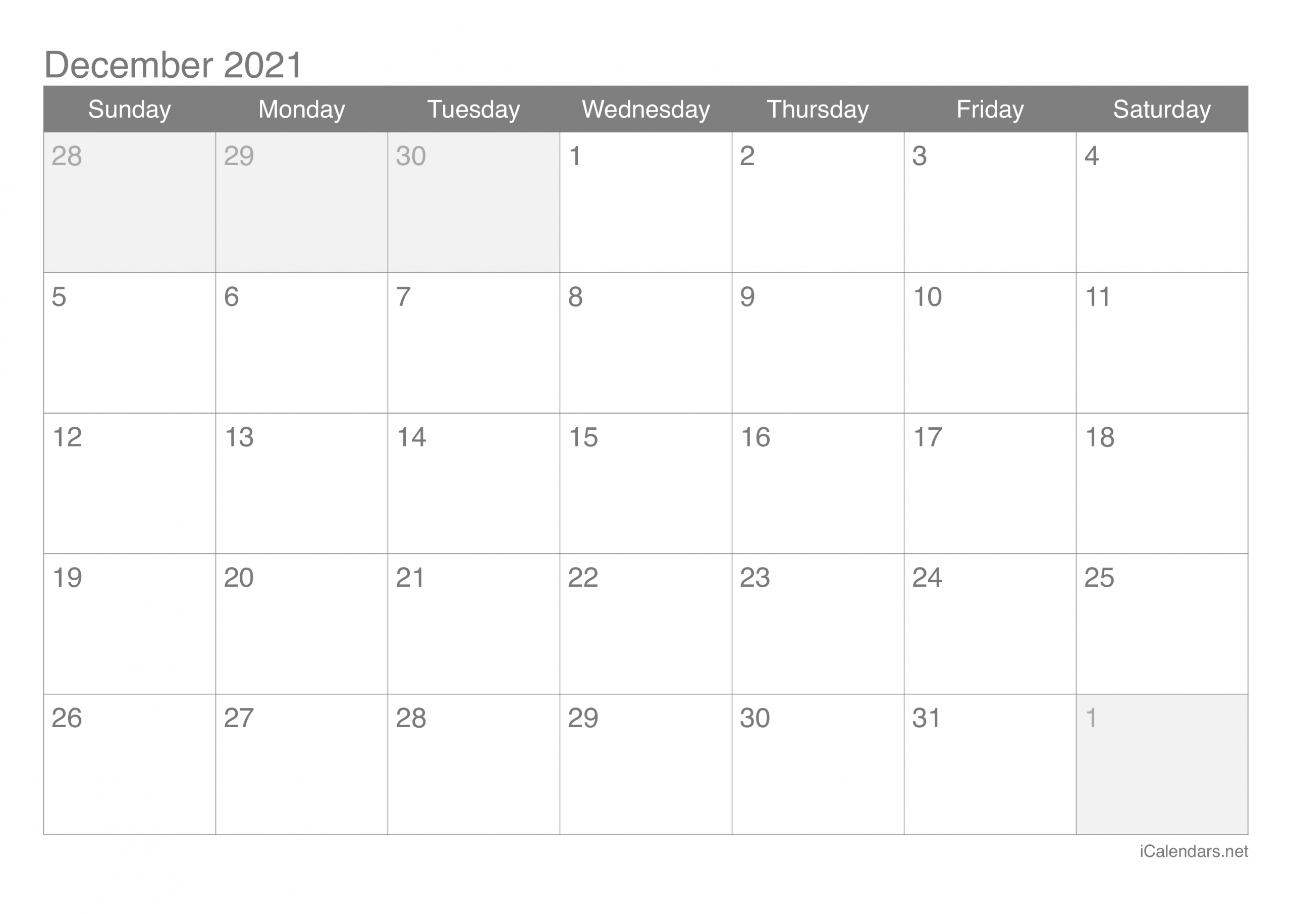 December 2021 Printable Calendar - Icalendars November December January 2021 Calendar