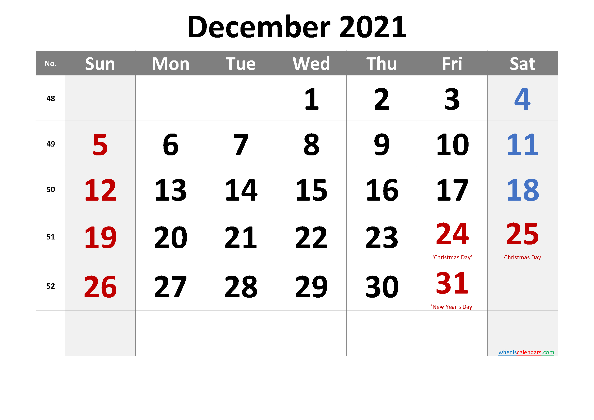 December 2021 Printable Calendar With Holidays - 6 Templates 2021 Monthly Calendar January To December 2021 Calendar Printable
