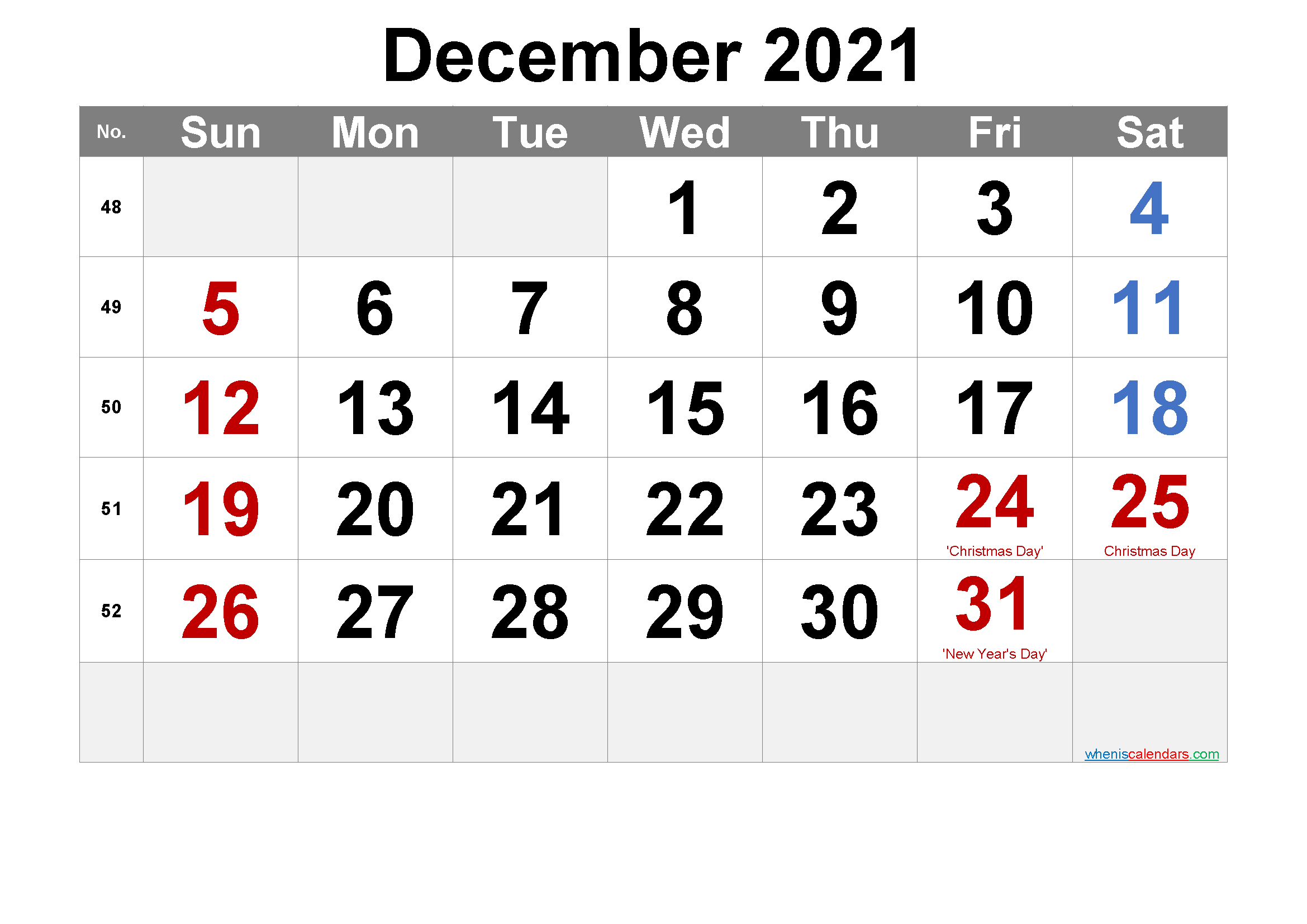 December 2021 Printable Calendar With Holidays - 6 Templates December 2021 Blank Calendar