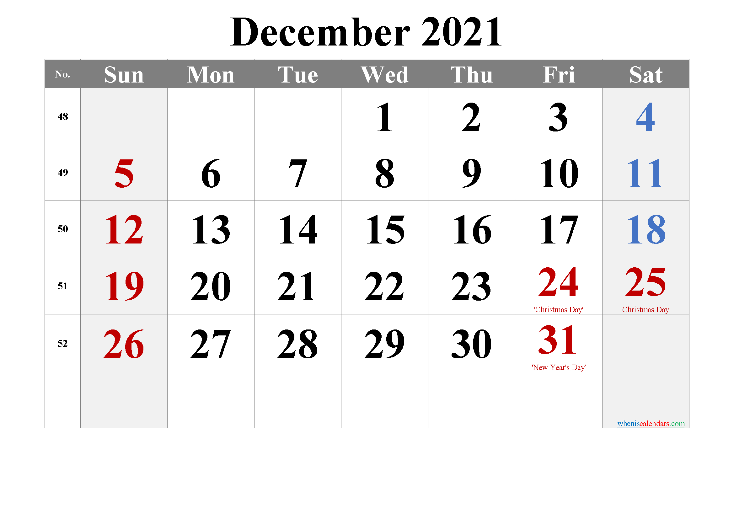 December 2021 Printable Calendar With Holidays - 6 Templates December 2021 Day Calendar