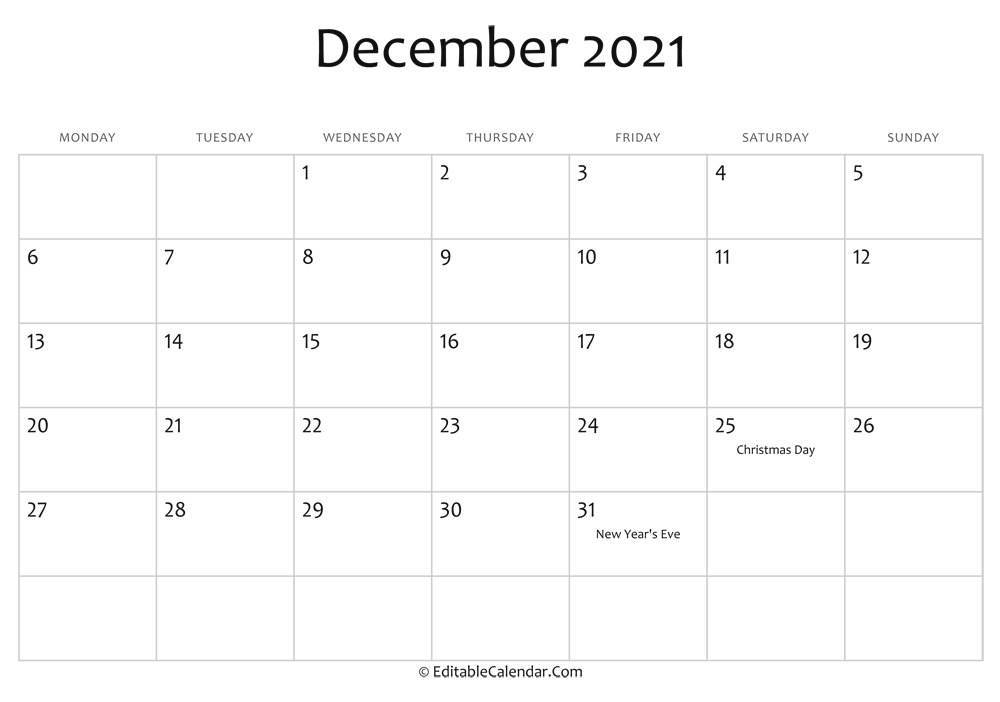 December 2021 Printable Calendar With Holidays Blank December 2021 Calendar