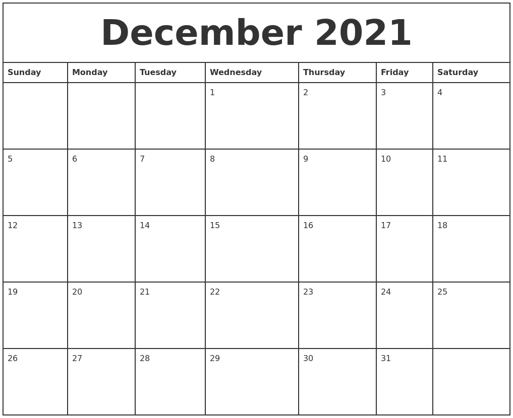 December 2021 Printable Monthly Calendar December 2021 Calendar Starting Monday