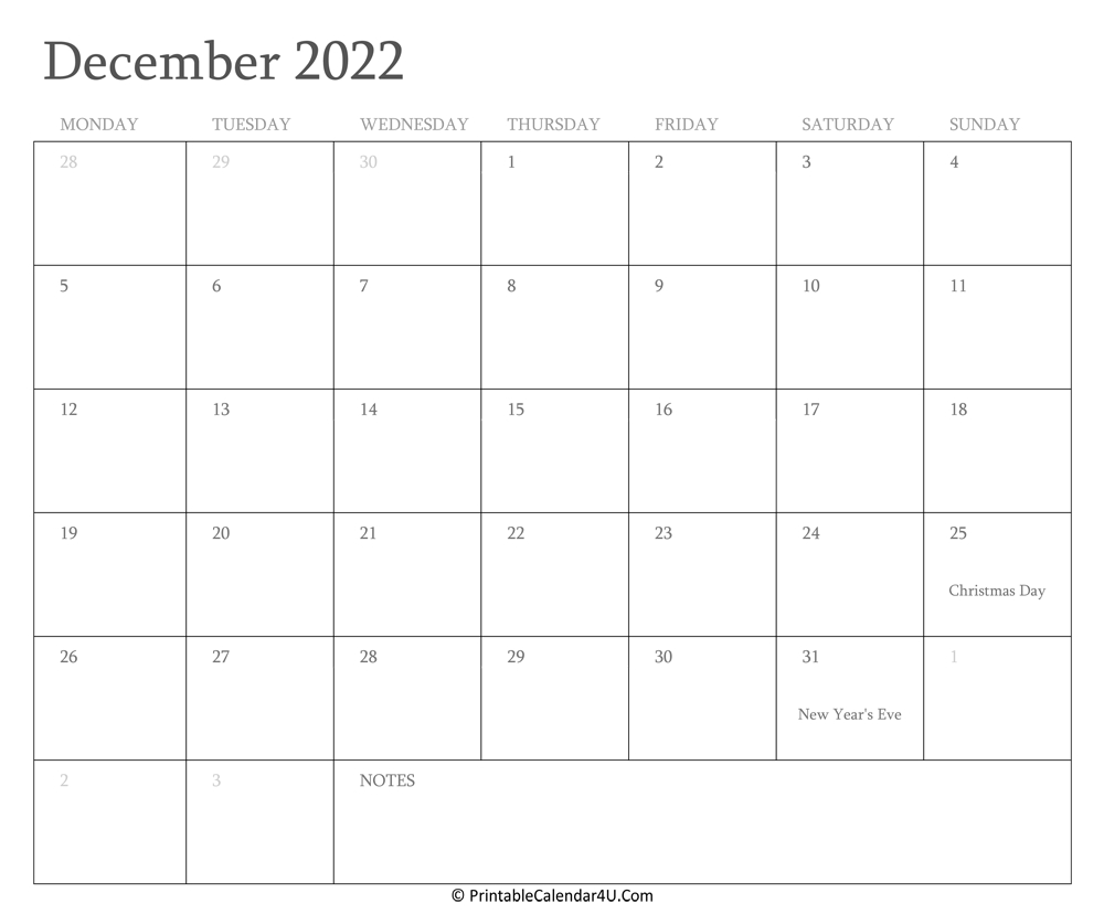 December 2022 Calendar Printable With Holidays Calendar December 2021 And January 2022