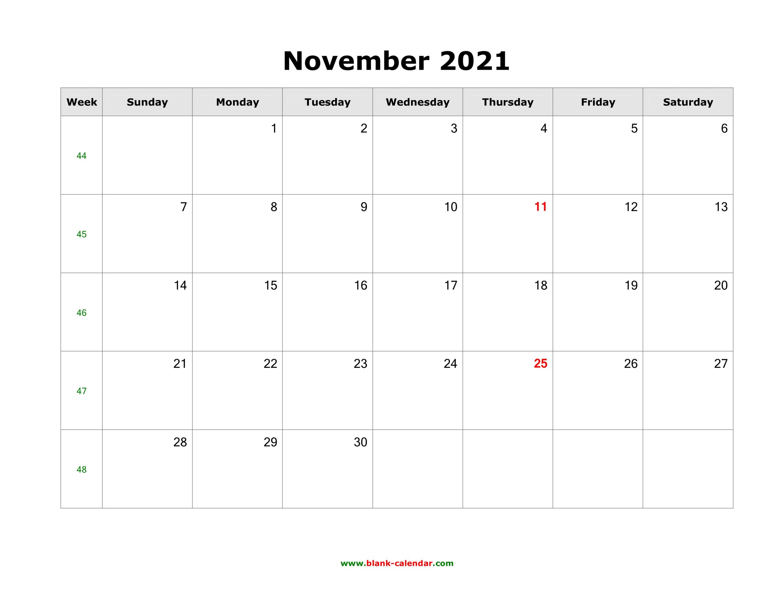 Download November 2021 Blank Calendar (Horizontal) Printable November 2021 Calendar