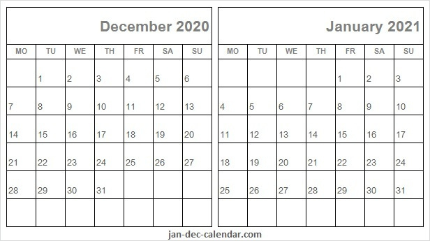 Editable December 2020 January 2021 Calendar - Month Of Calendar For December 2020 And January 2021