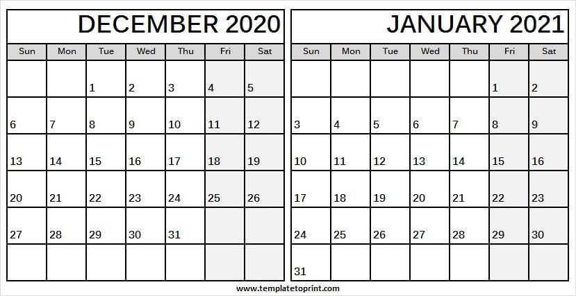Editable December 2020 January 2021 Calendar - Two Month 2020 December 2021 January Calendar