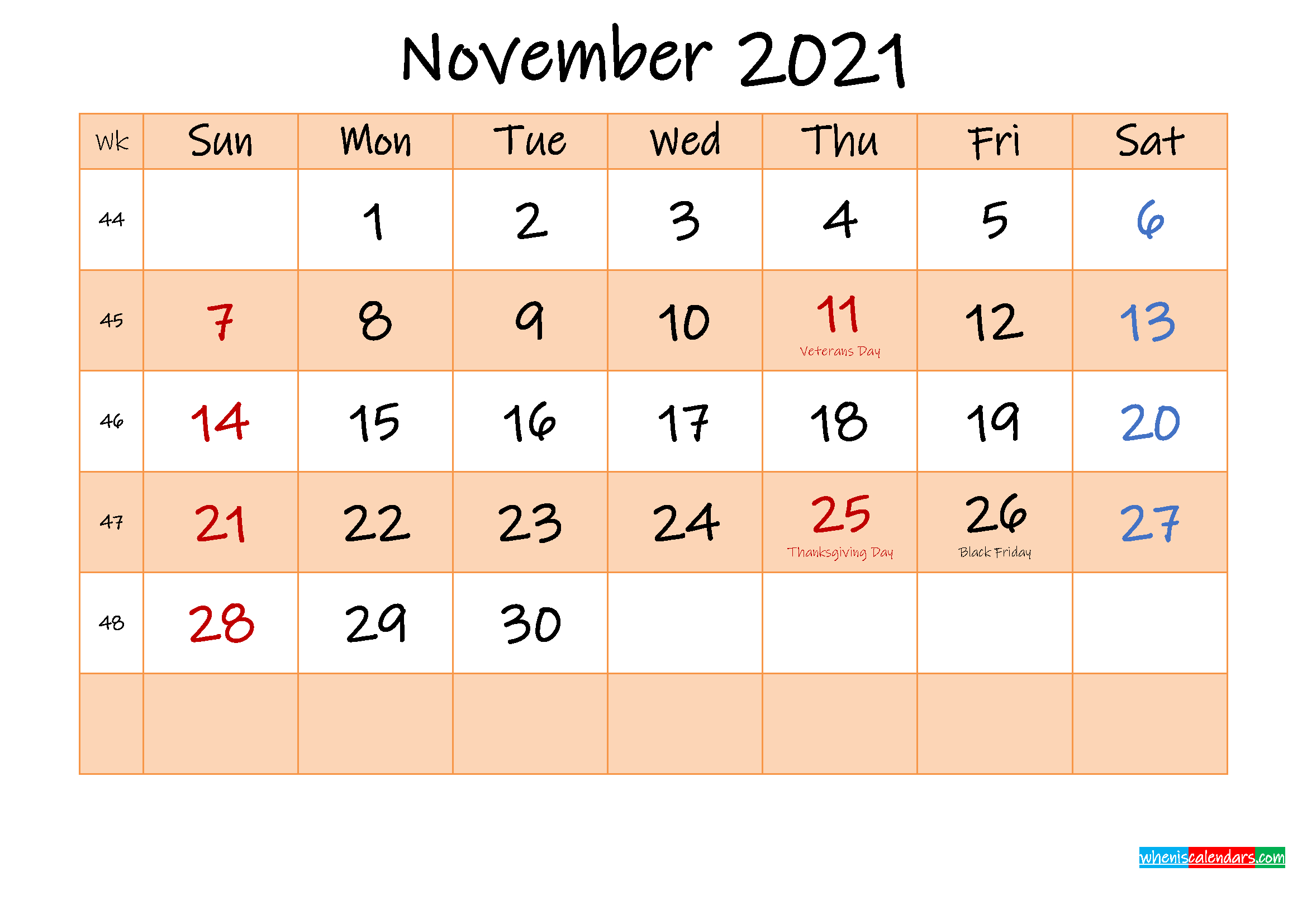 Editable November 2021 Calendar - Template No.ink21M491 November 2021 Calendar Thanksgiving