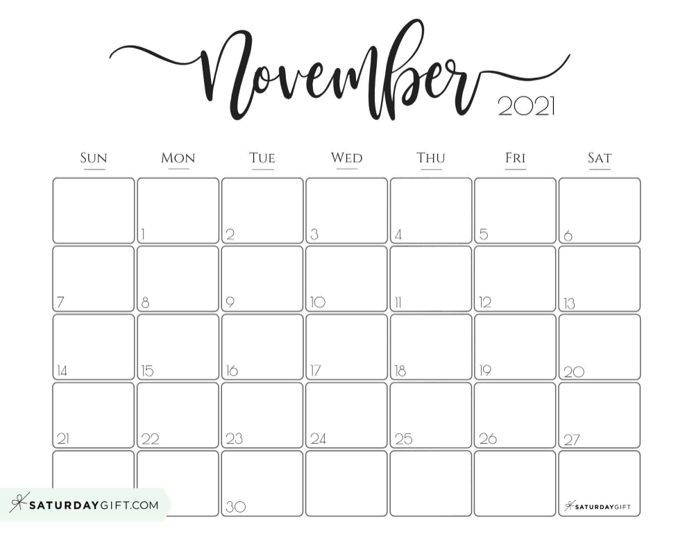 Elegant 2021 Calendar By Saturdaygift - Pretty Printable November 2021 Monthly Calendar