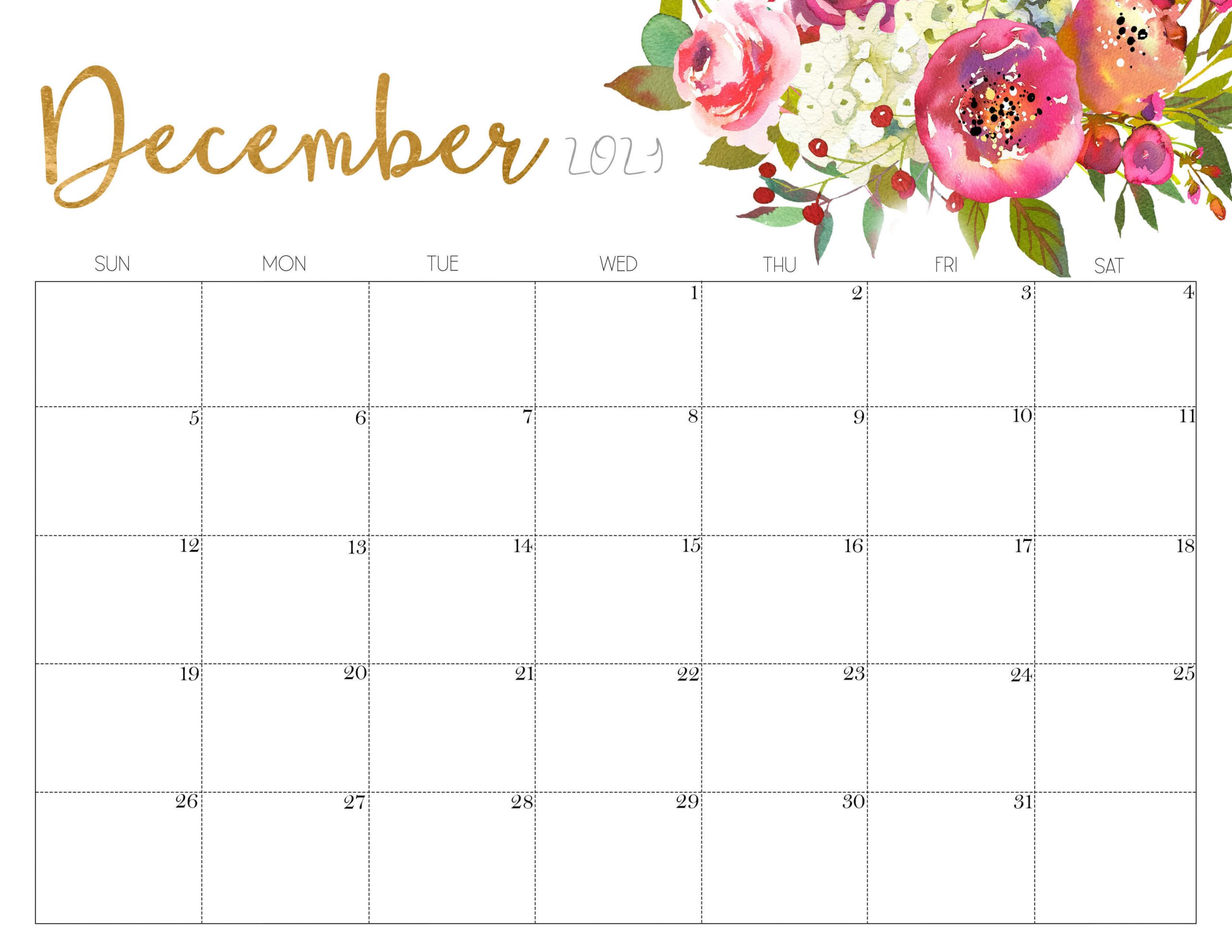 Floral December 2021 Calendar Printable - Cute Designs Printable December 2021 Calendar