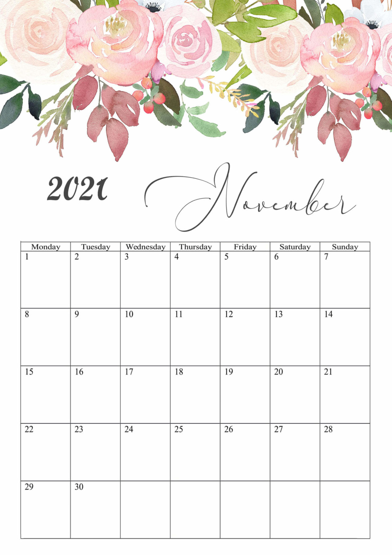 Floral November 2021 Calendar Cute - Latest Calendar Cute November 2021 Calendar