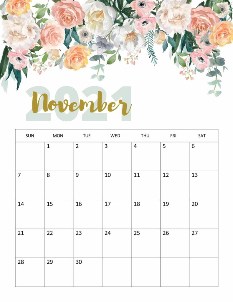 Floral November 2021 Calendar Printable - Cute Designs 2021 Calendar November Festival