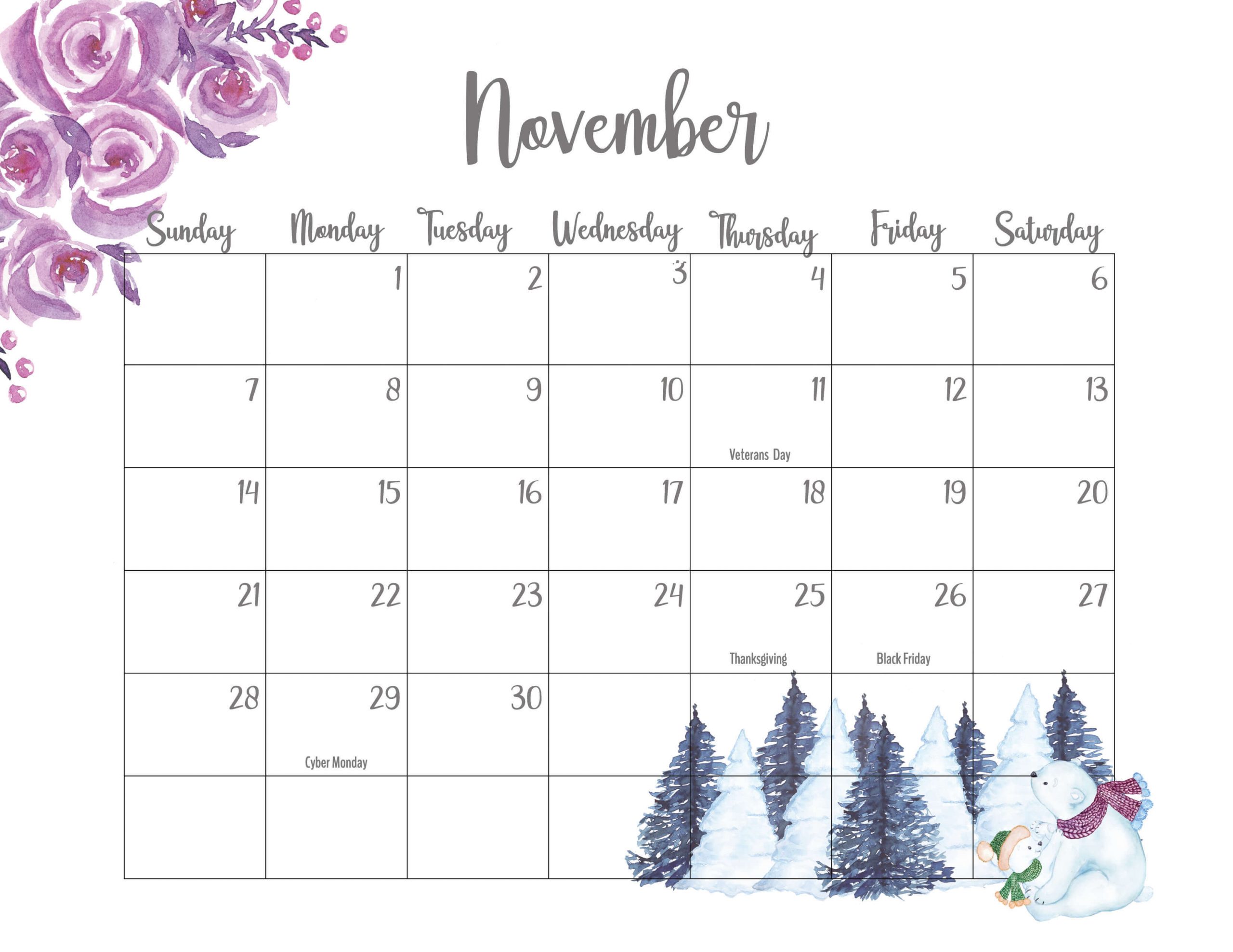 Floral November 2021 Calendar Printable - Cute Designs November 2021 Calendar Template