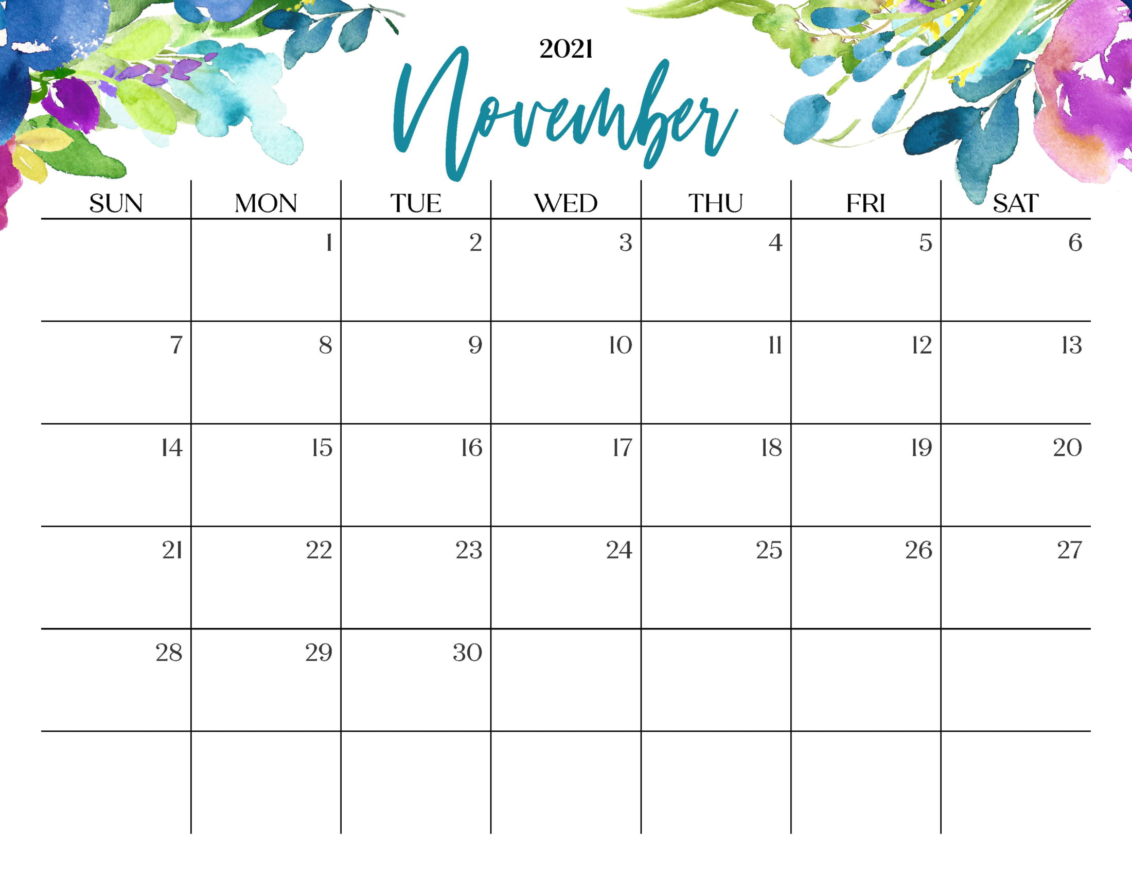 Floral November 2021 Calendar Templates - Printable 2021 November 2021 Monthly Calendar
