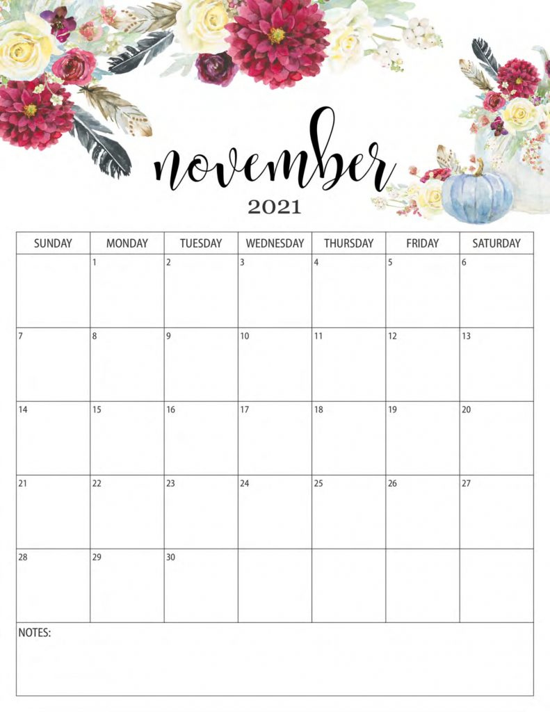 Floral November 2021 Calendar Templates - Printable 2021 Print November 2021 Calendar