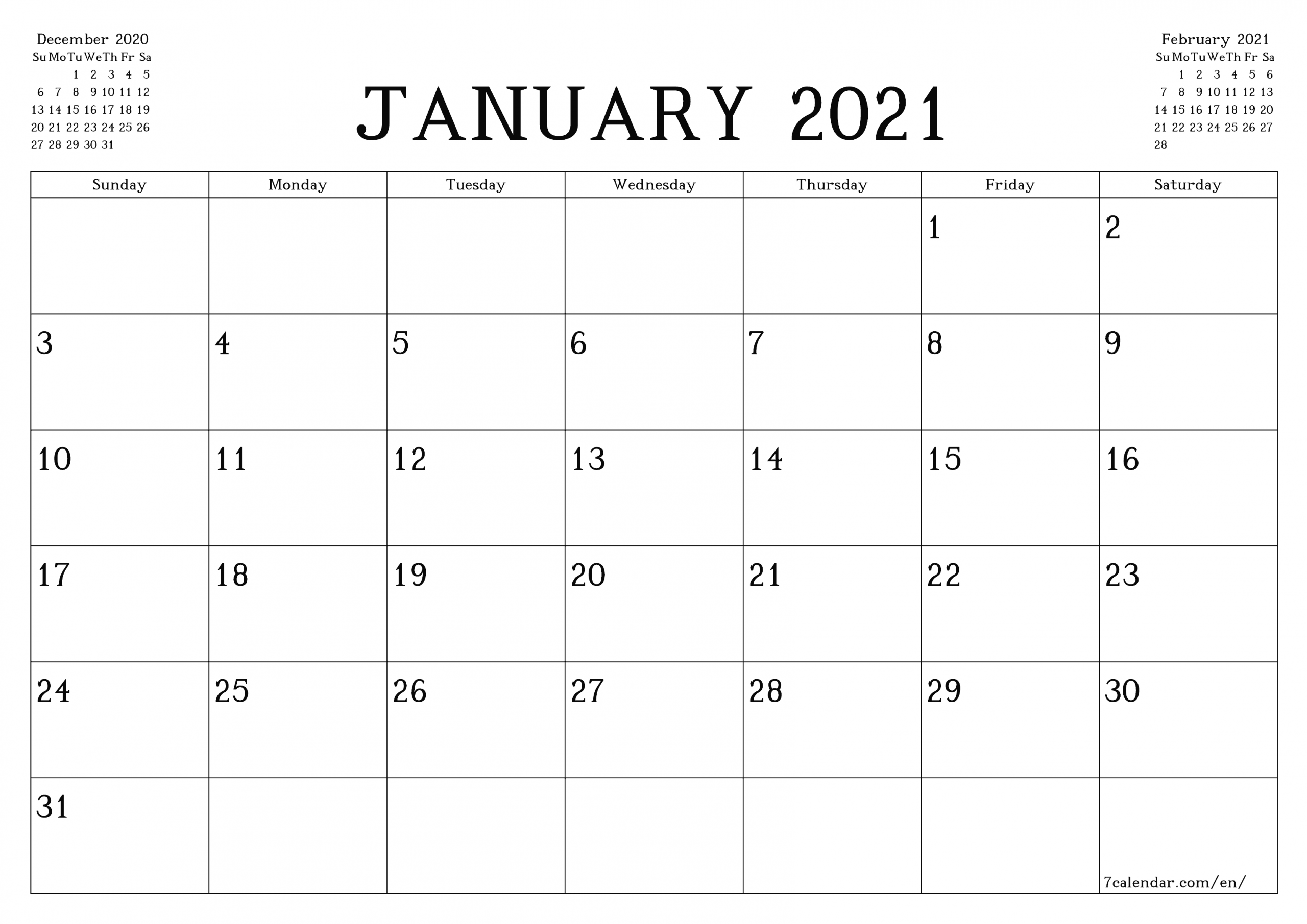 Free January 2021 Calendar Printable - Monthly Template January - December 2021 Calendar Printable
