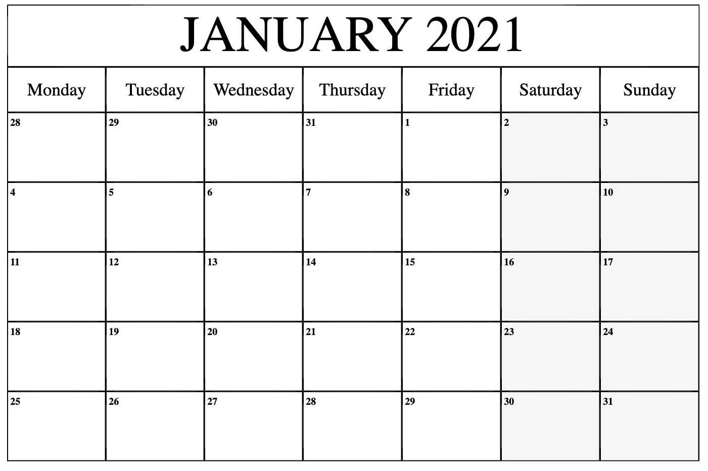 Free January 2021 Printable Calendar Template Calendar Showing December 2020 And January 2021