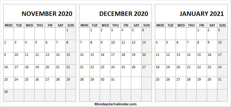 Free Nov 2020 To Jan 2021 Calendar Print - Three Month November 2020 Through January 2021 Calendar