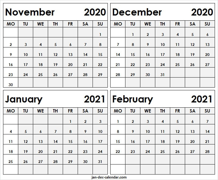 Free November 2020 To February 2021 Calendar - Printable November December 2021 Calendar