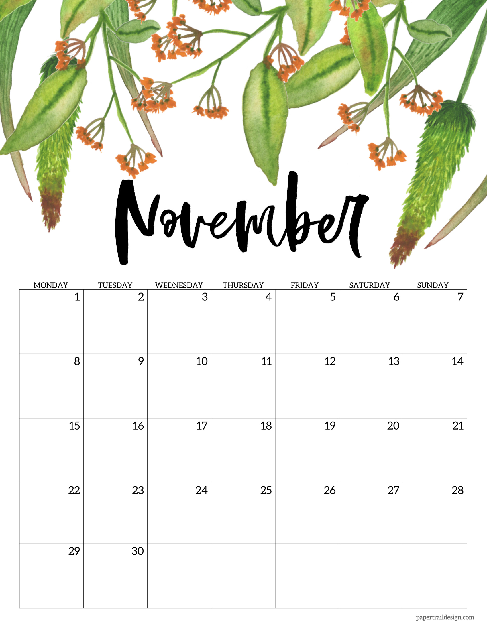 Free Printable 2021 Floral Calendar - Monday Start | Paper November 2021 Calendar Page