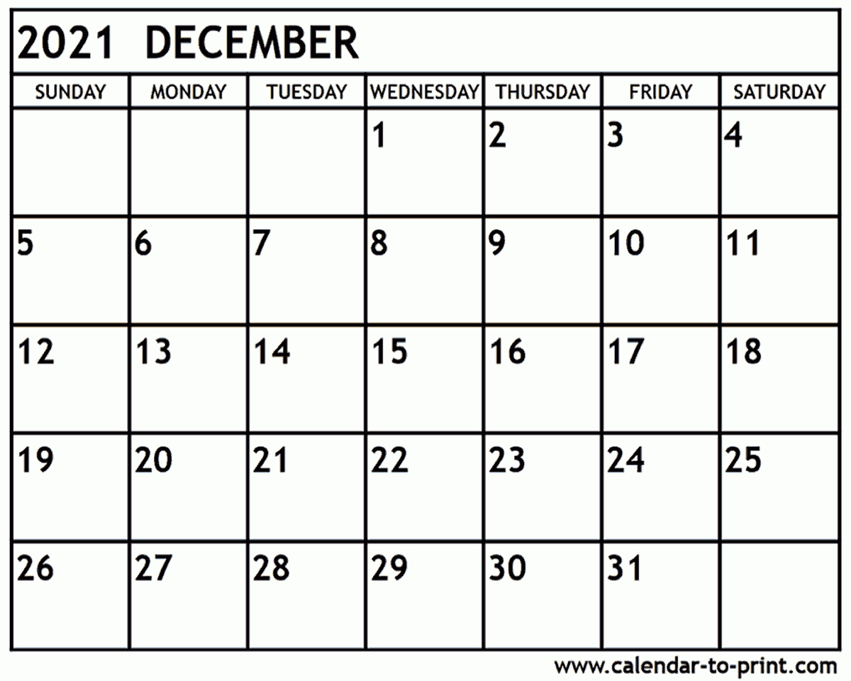 Free Printable Blank Calendar December 2021 | Example Calendar Printable December 2021 Calendar Image