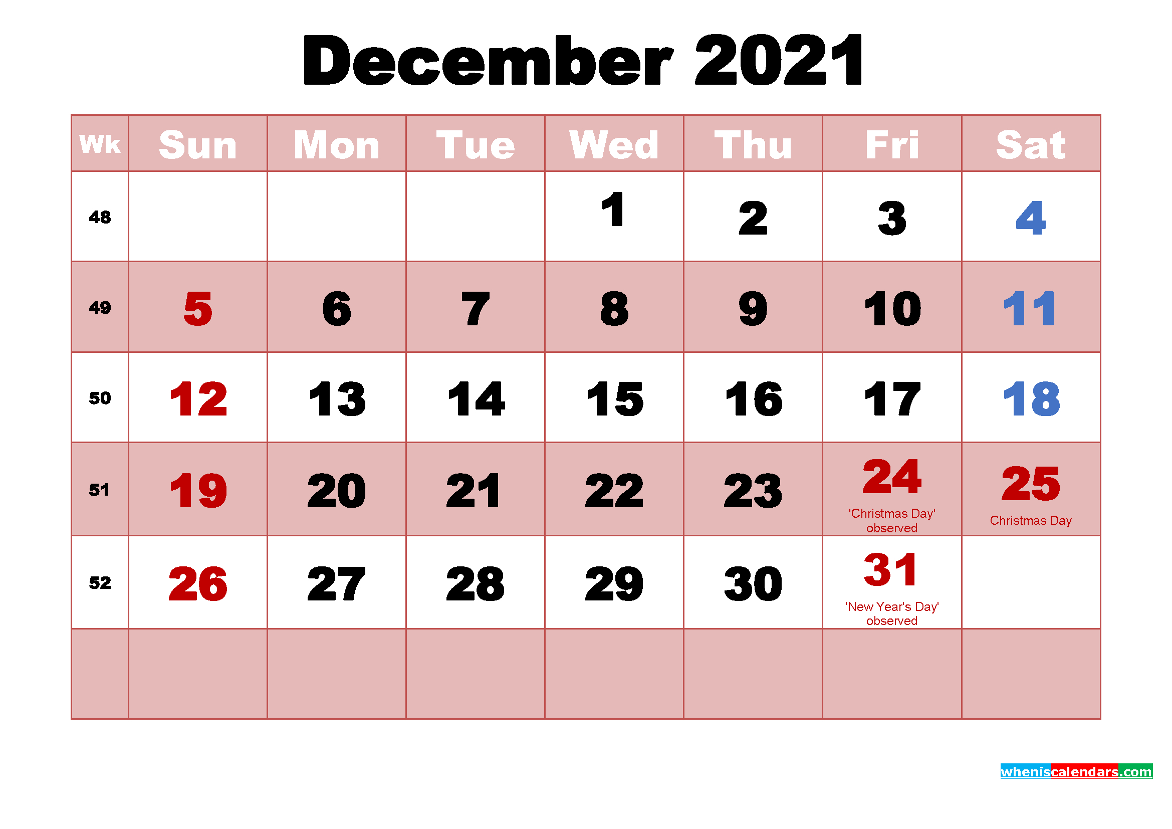 Free Printable Calendar For December 2021 Calendar For December 2021