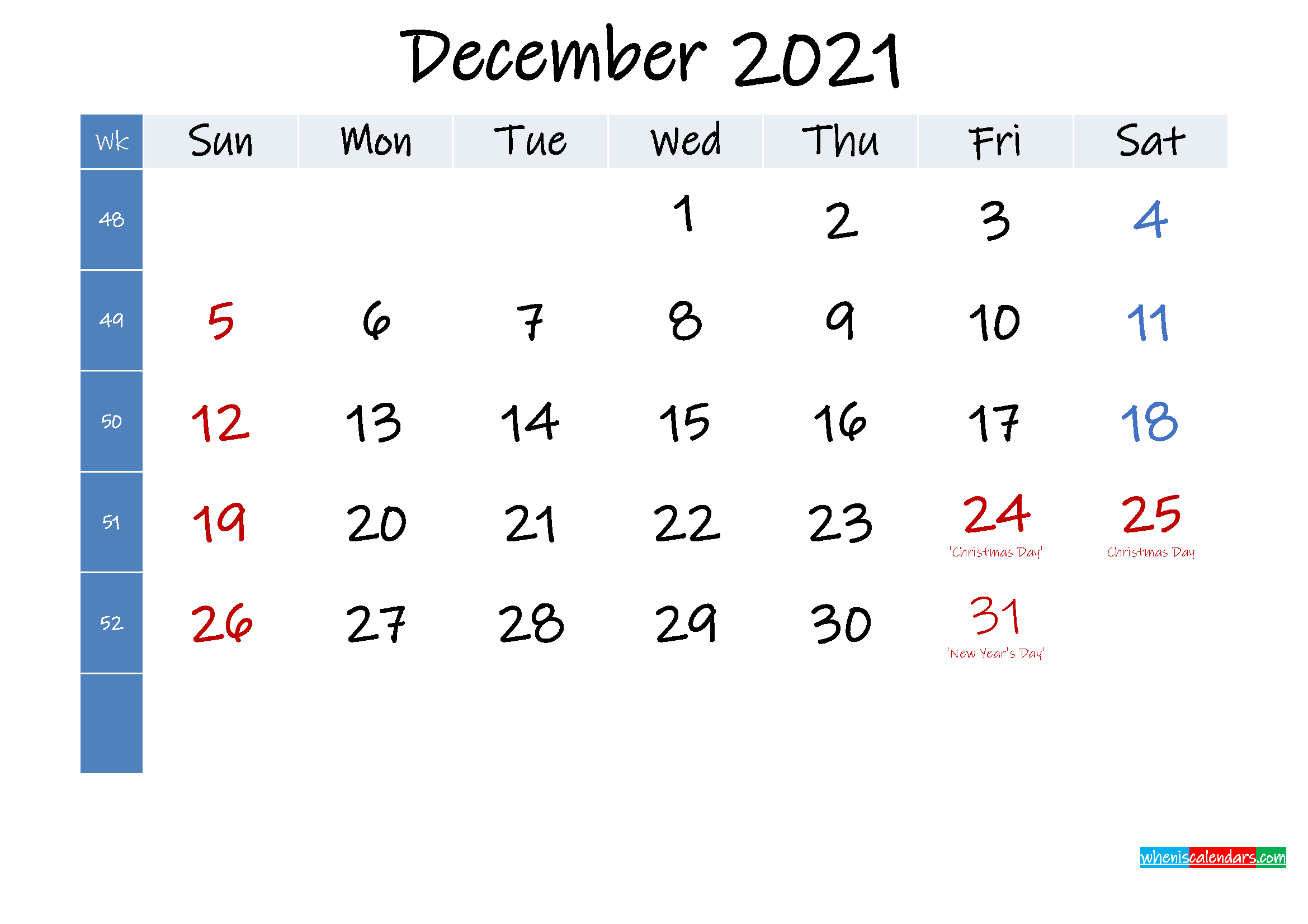 Free Printable December 2021 Calendar With Holidays Calendar For December 2021