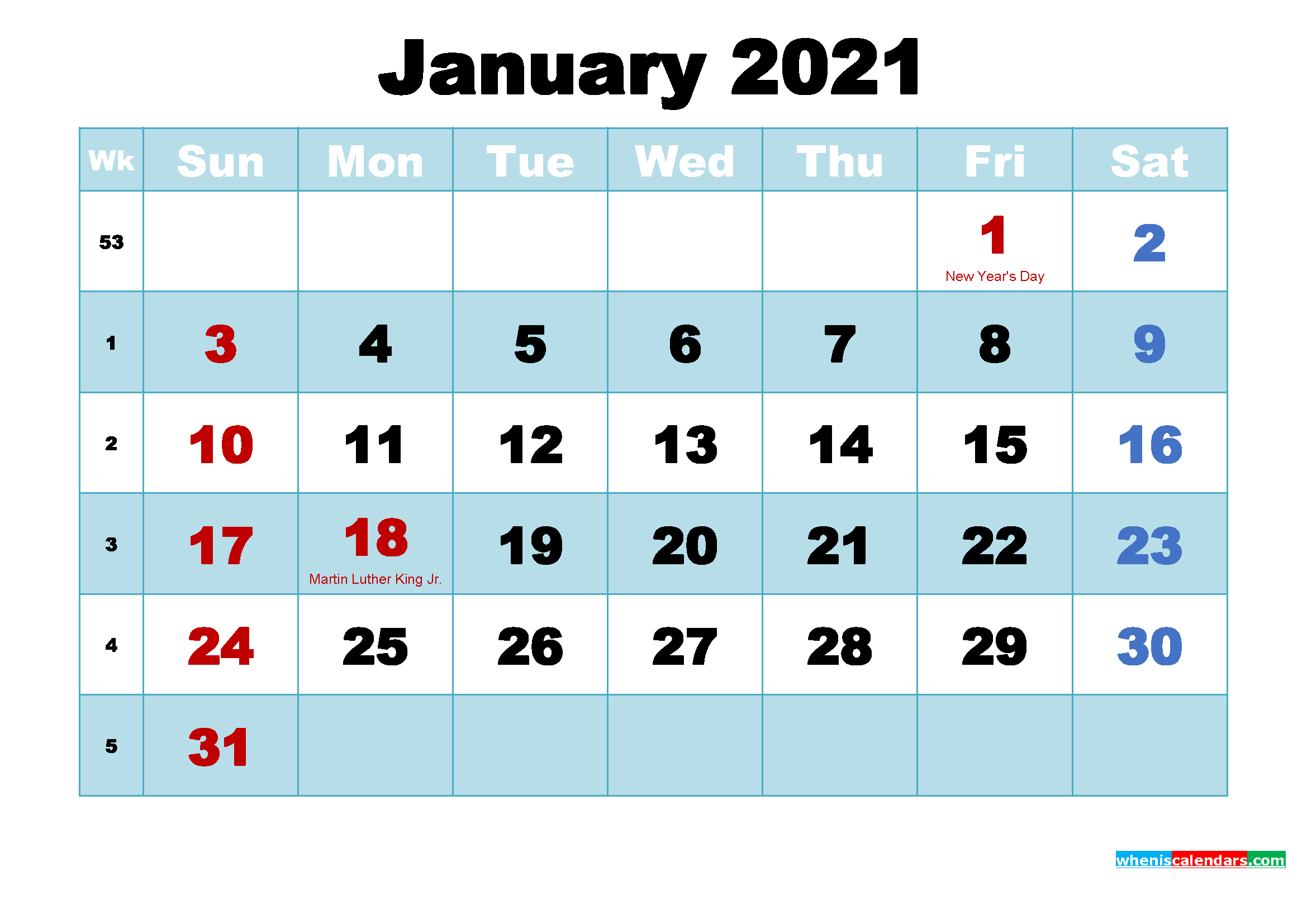 Free Printable January 2021 Calendar With Holidays As Word 2021 Monthly Calendar January To December 2021 Calendar Printable
