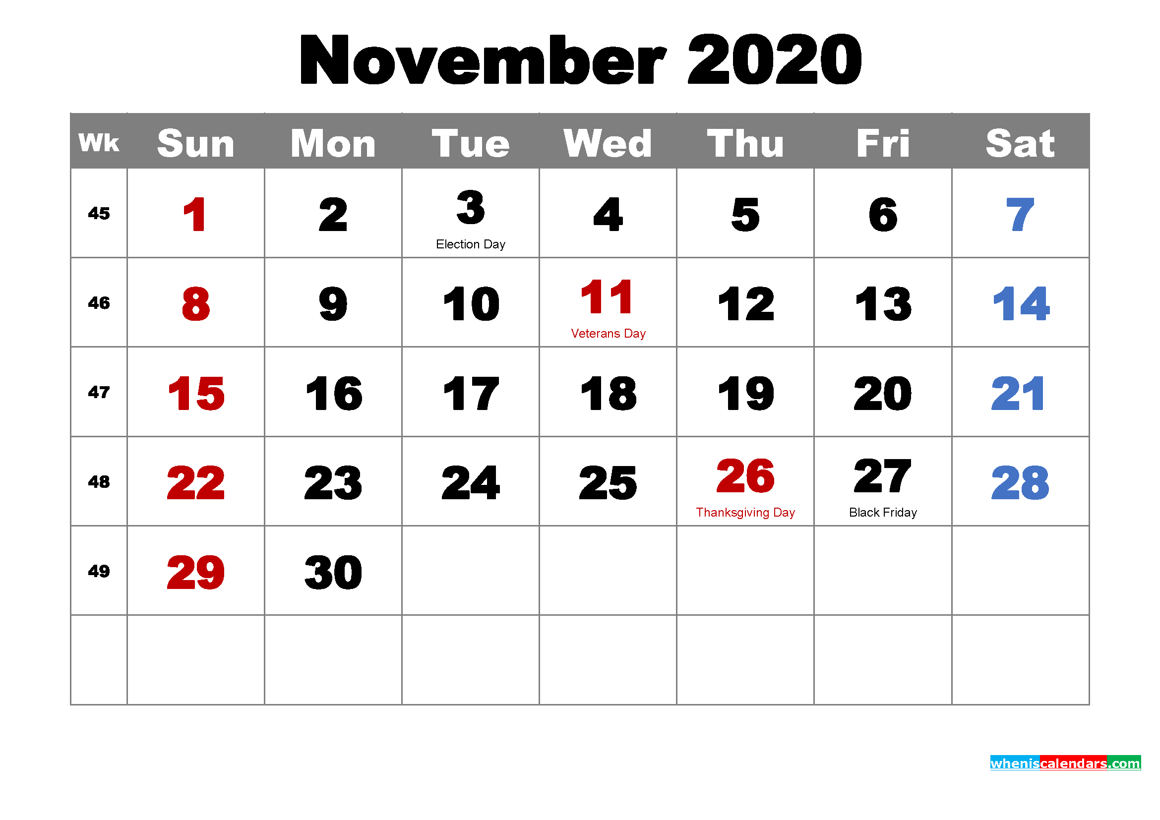 Free Printable November 2020 Calendar Wallpaper - 2021 November 2021 Calendar Page