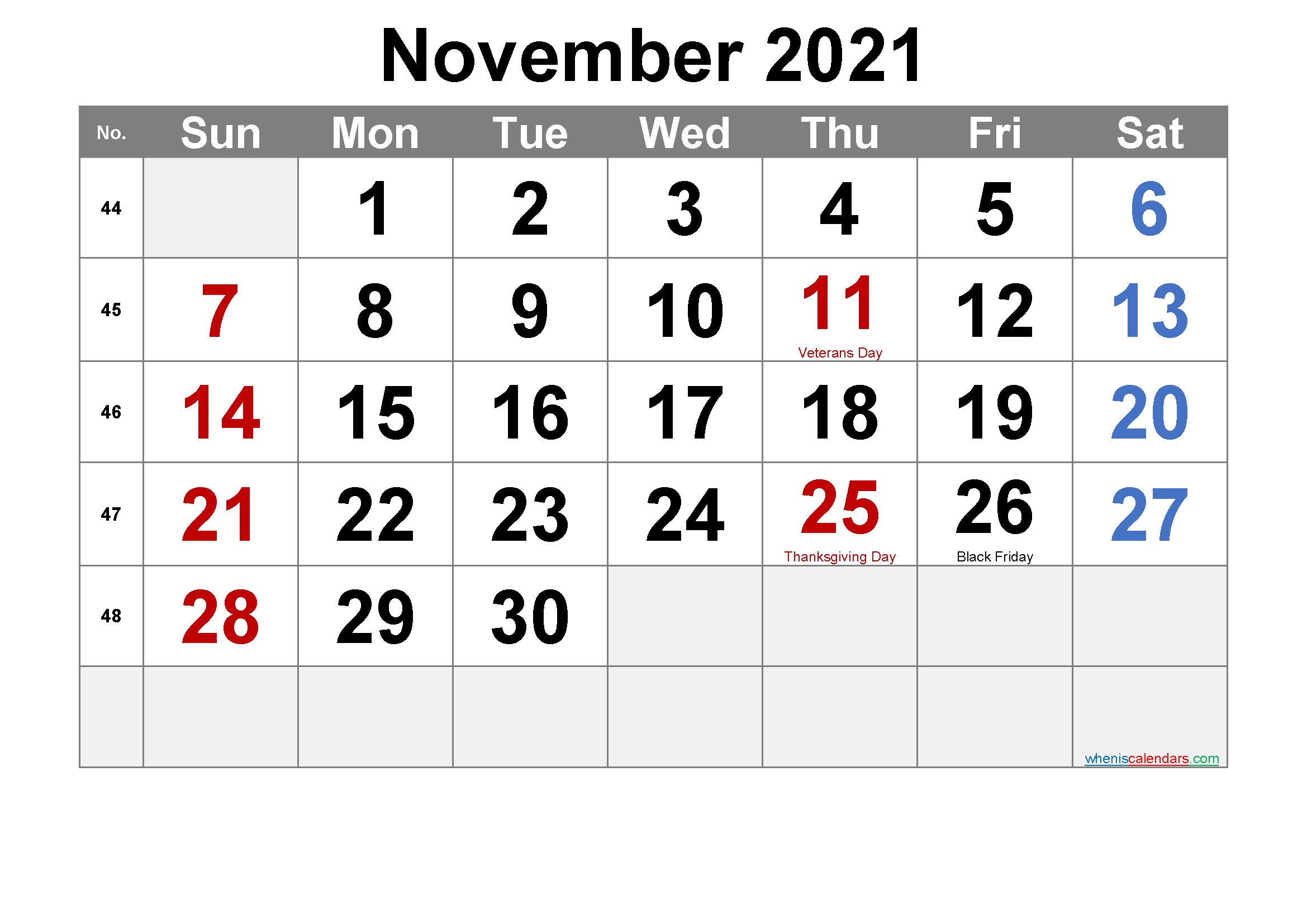 Free Printable November 2021 Calendar (Pdf And Png) Print November 2021 Calendar