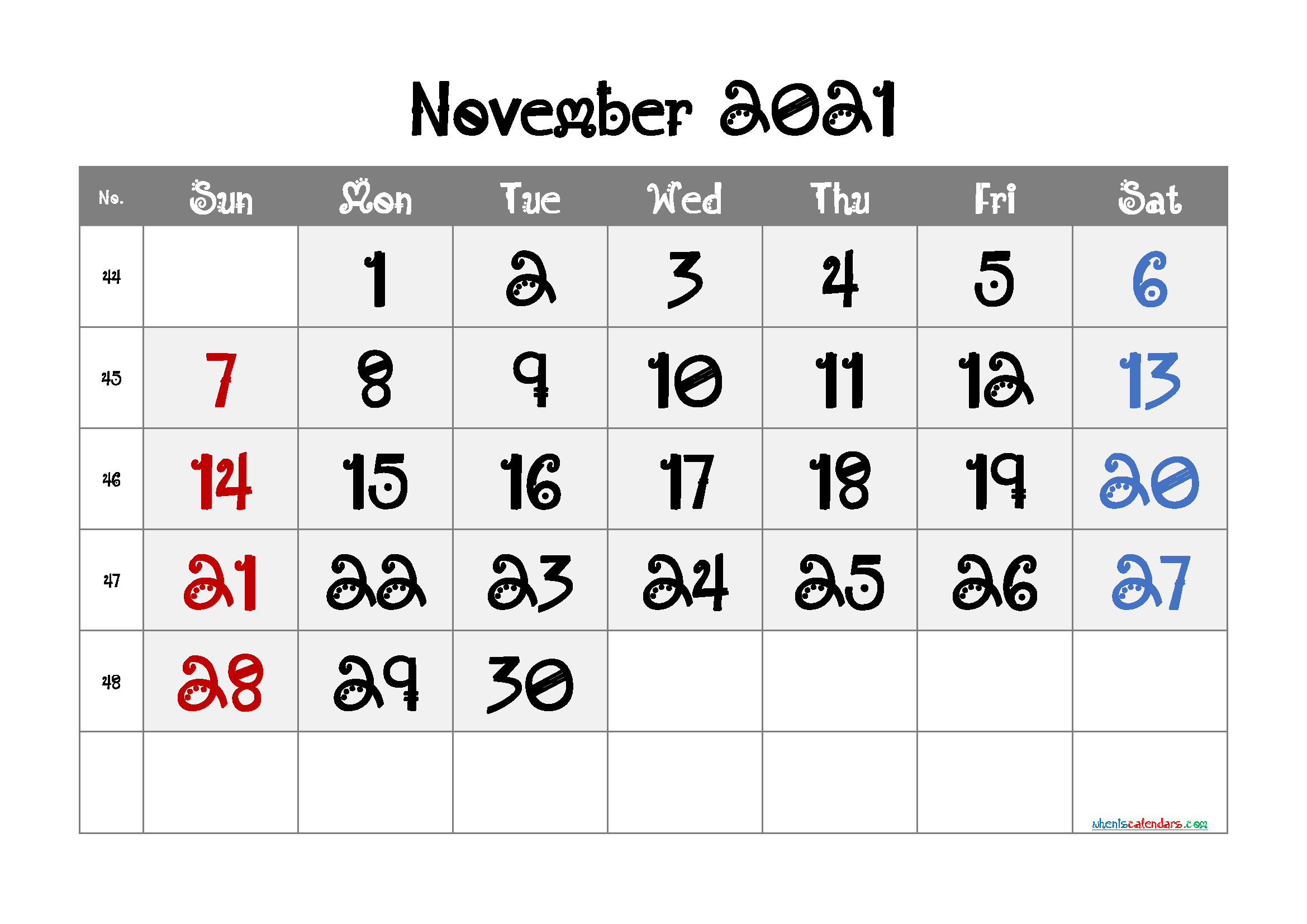 Free Printable November 2021 Calendar Print November 2021 Calendar