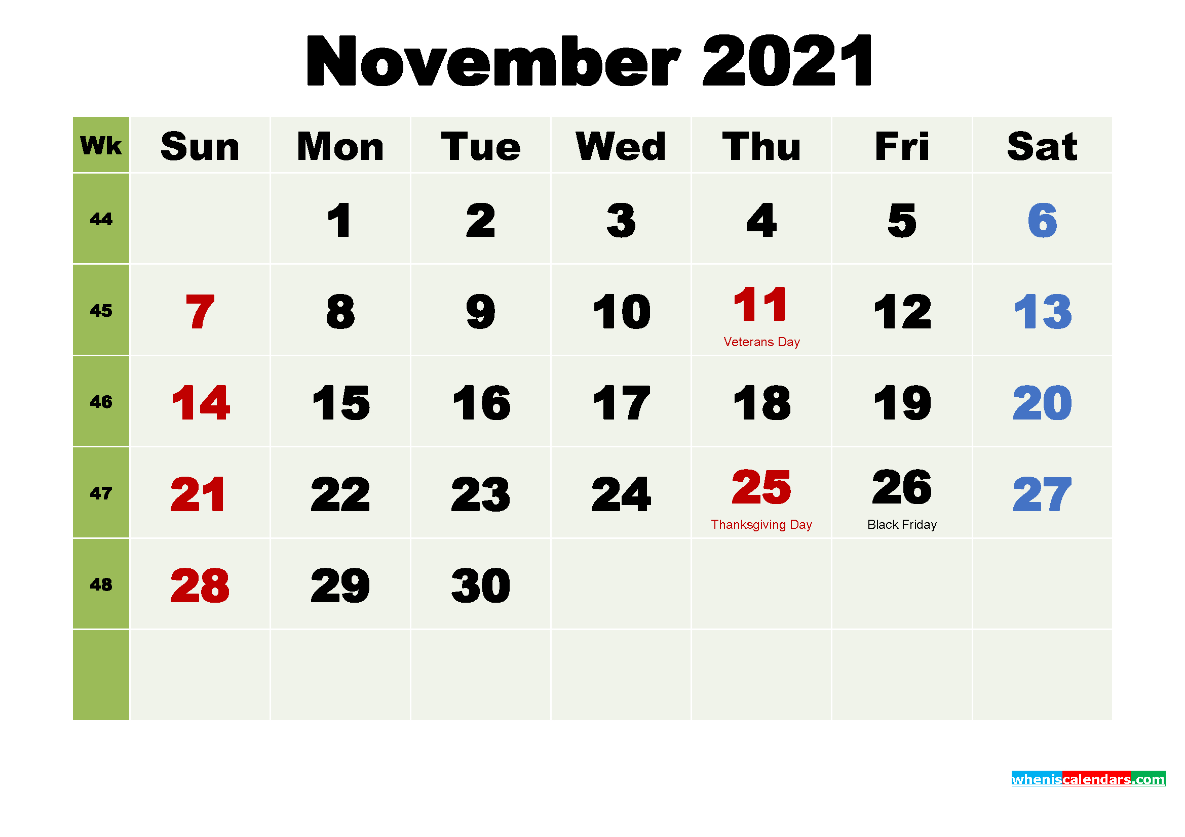 Free Printable November 2021 Calendar With Holidays November 2021 Calendar With Holidays