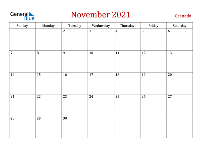 Grenada November 2021 Calendar With Holidays November 2021 Calendar Monday Start
