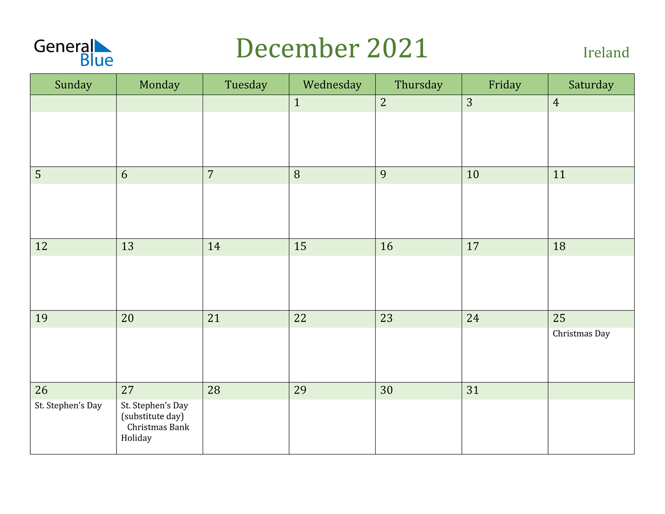 Ireland December 2021 Calendar With Holidays 2021 Calendar With December 2020