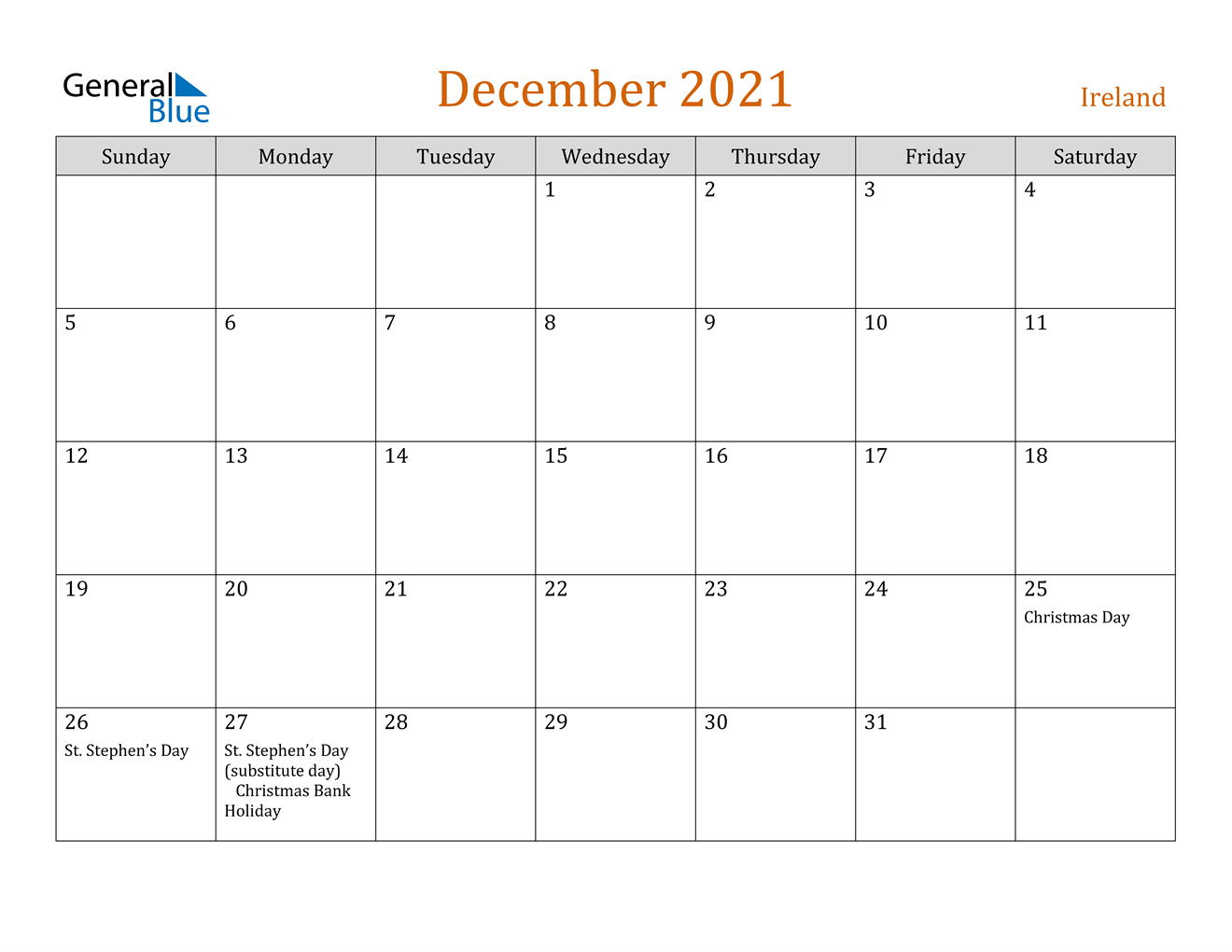 Ireland December 2021 Calendar With Holidays Calendar Of December 2021