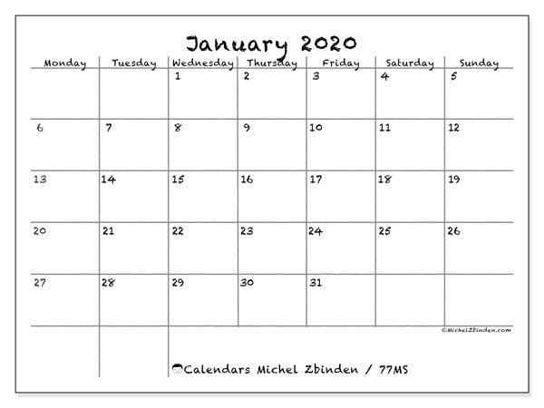 January 2020 Calendars - Ms - Michel Zbinden En How Many Weeks Between Now And November 2021