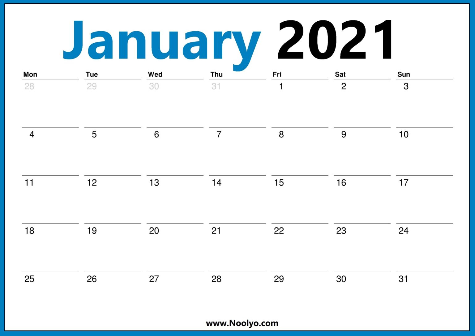 January 2021 Calendar Monday Start - Noolyo December 2021 Calendar Monday Start