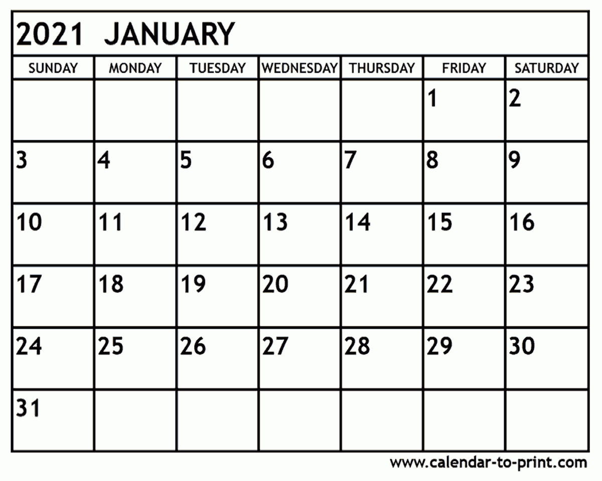January 2021 Calendar Printable Blank Calendar December 2020 January 2021