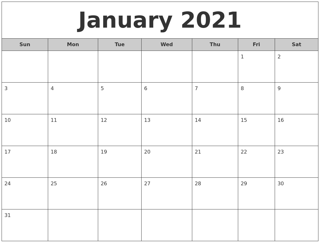 January 2021 Calendar Printable Free Monthly - Free Calendar 2021 January To December Pdf