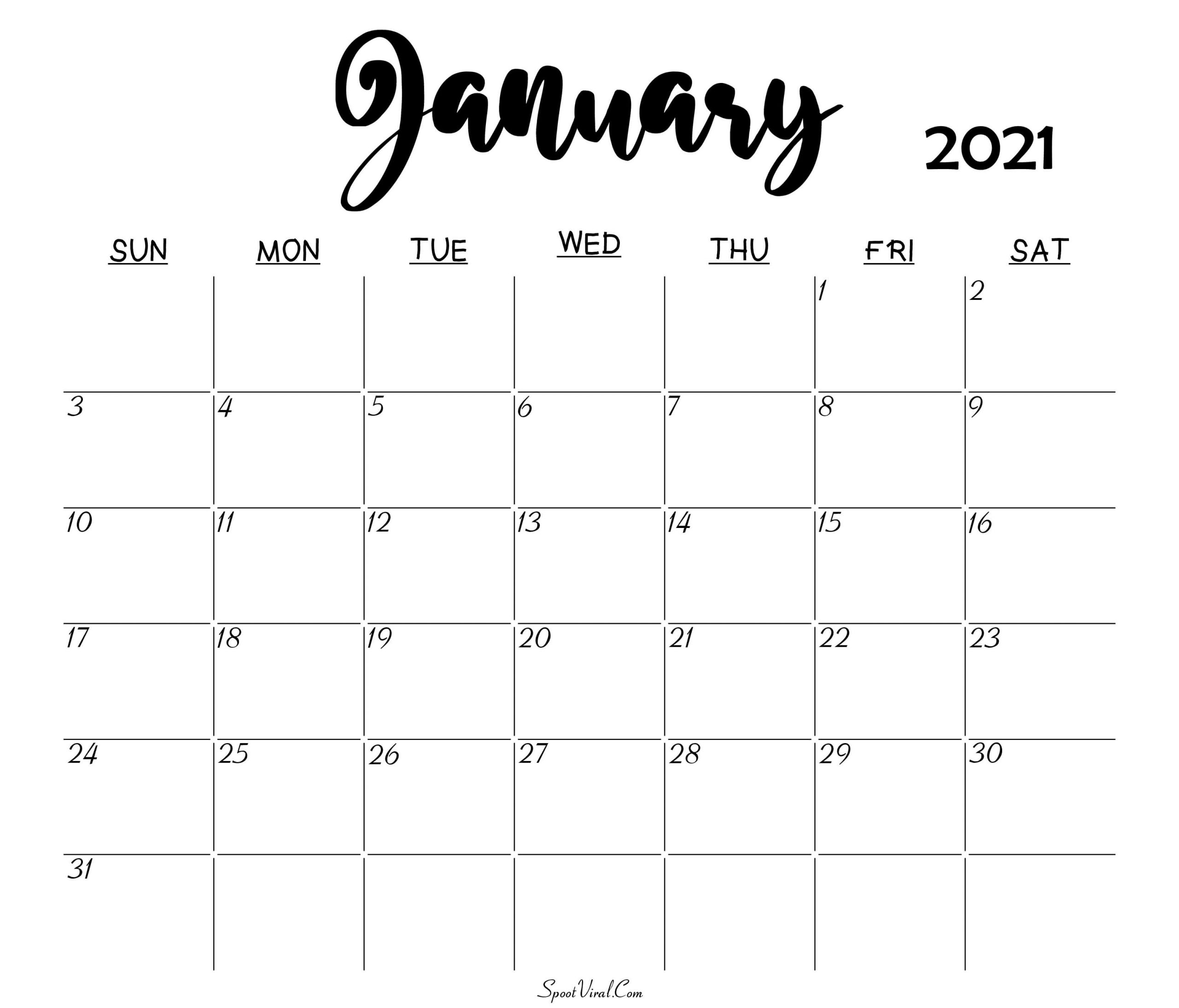 January 2021 Calendar Printable Free Monthly / January 2021 Monthly Calendar January To December 2021 Calendar Printable